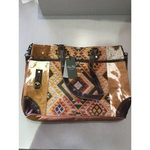 Western BOHO Vintage MYRA Genuine Leather Aztec Tribal Repurposed Rug Tote Bag